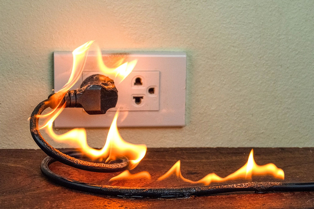 Cord plugged into an outlet on fire