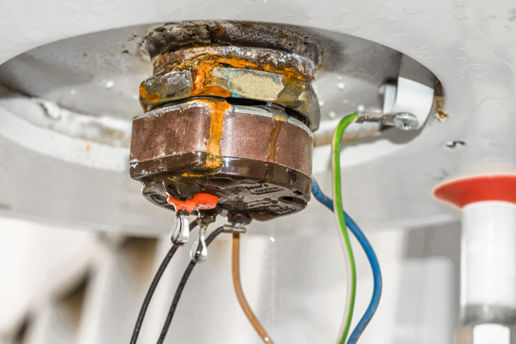 closeup of a rusty and leaking water heater