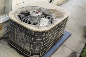 An old air conditioning  unit that needs to replacing.